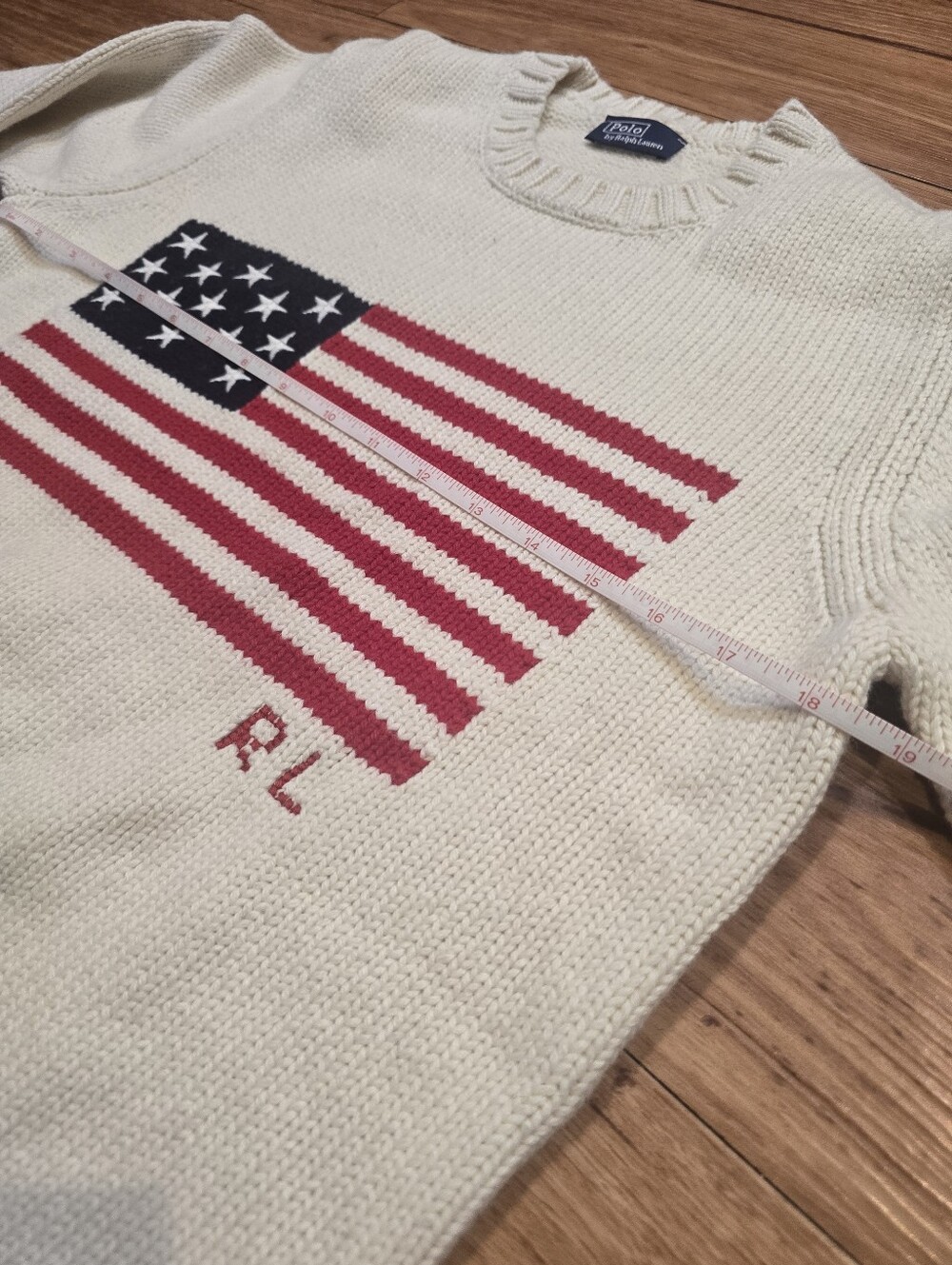 🇺🇸 Polo Ralph Lauren Cream Knit Sweater with American Flag Small RTR - Picture 11 of 12
